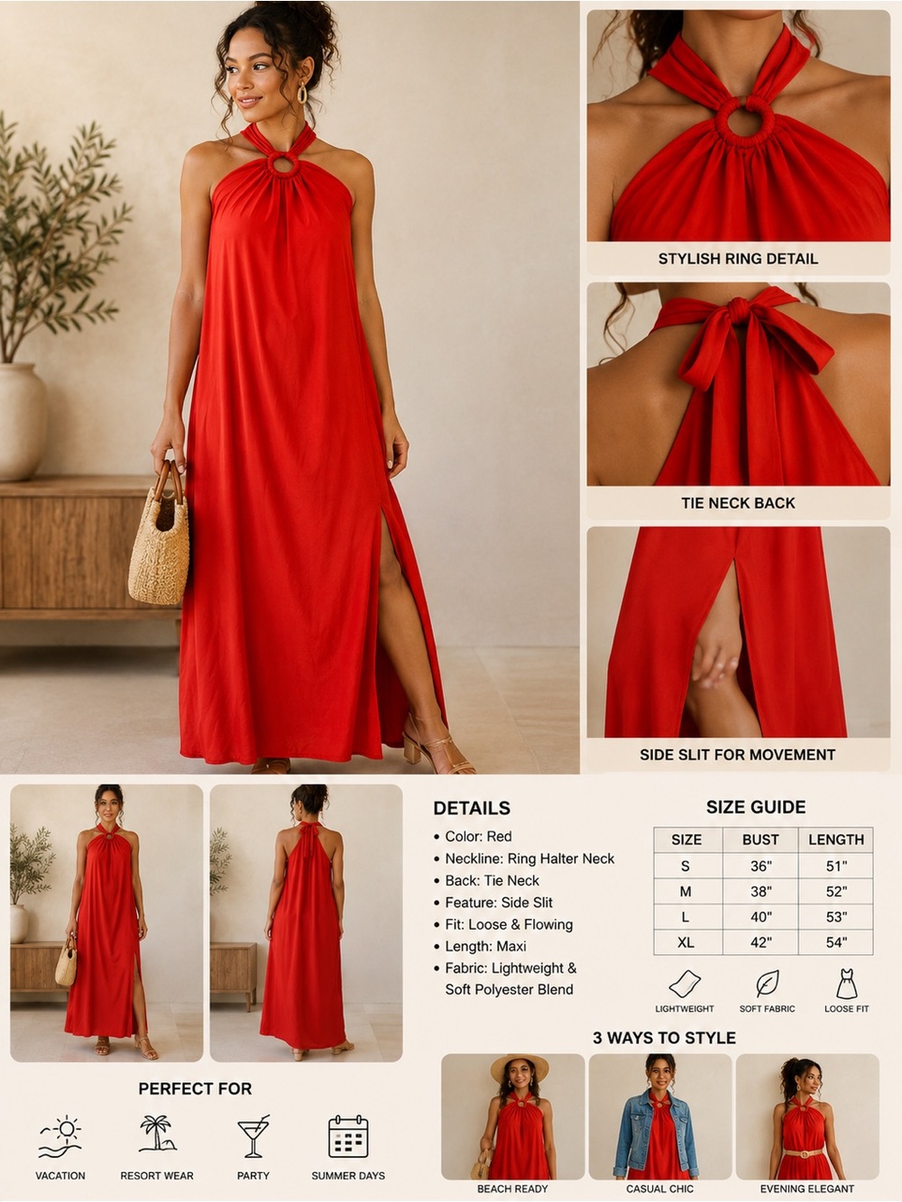 Red Ring Halter Maxi Dress - Elegant Tie Neck